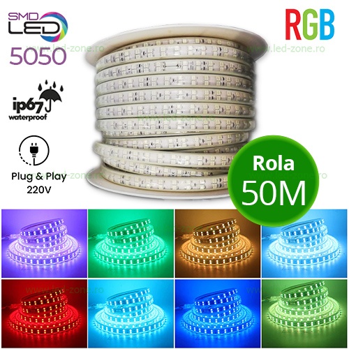 Banda LED 5050 120 SMD/ML RGB 220V Lupa Rola 50m