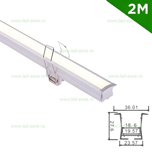 Profil Aluminiu Incastrat Dispersor Mat 2M 19MM cu Cleme de Montaj