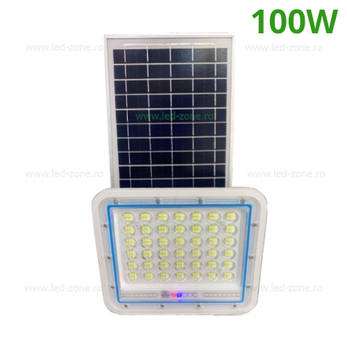 Proiector LED 100W Alb cu Panou Solar si Telecomanda PG