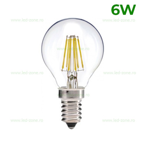 Bec LED E14 6W Filament Glob Clar G45