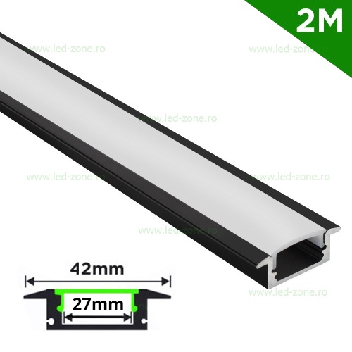 Profil Aluminiu Incastrat Negru Dispersor Alb 2M 27MM