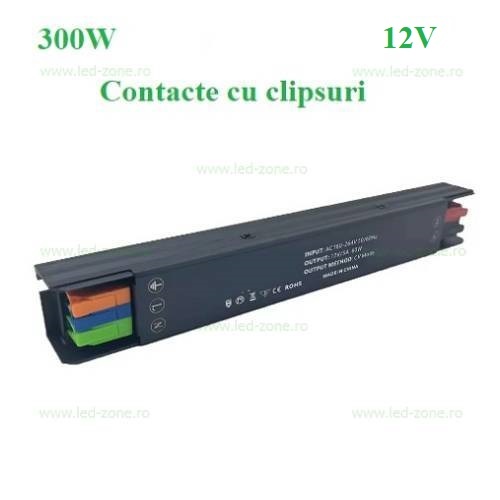Sursa Alimentare Banda LED 12V 300W Slim Aluminiu si Clipsuri