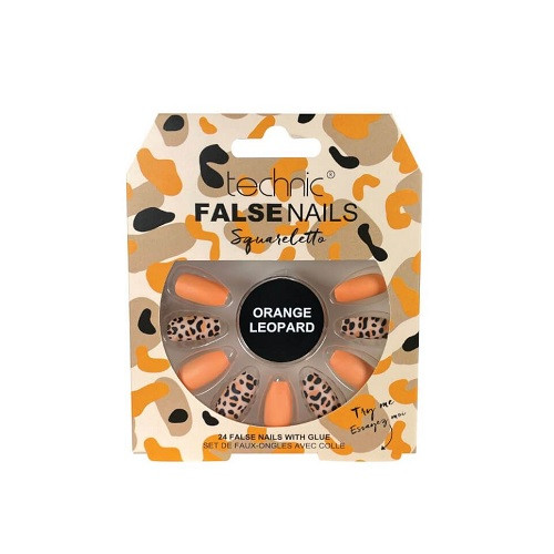 Set 24 unghii false, technic, false nails, squareletto, orange leopard, adeziv inclus