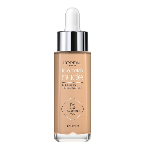 Serum Fond de Ten cu Acid Hialuronic, Loreal Paris, True Match Nude Plumping Tinted Serum, 4-5 Medium, 30 ml