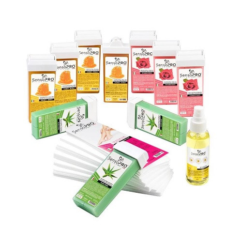 Kit epilare consumabile, SensoPro, 10 rezerve ceara, ulei si benzi epilare SensoPro imagine noua