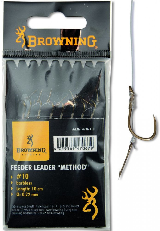 Carlige Legate Browning Barbless No.10 10cm 0.22mm Pin Feeder Leader Method