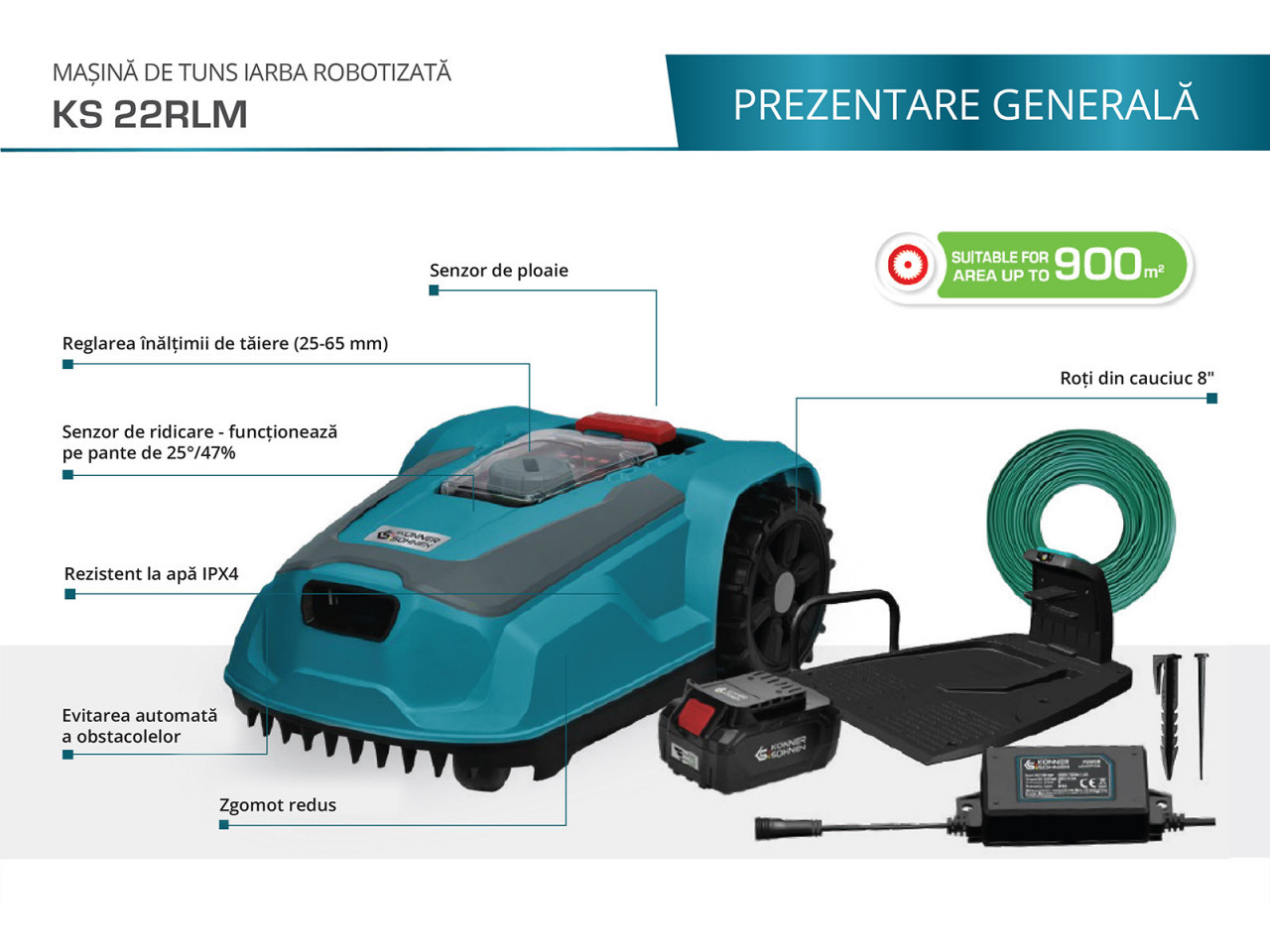 Mașină de tuns iarba robotizată - 220mm, 900 m² - Konner & Sohnen - KS 22RLM