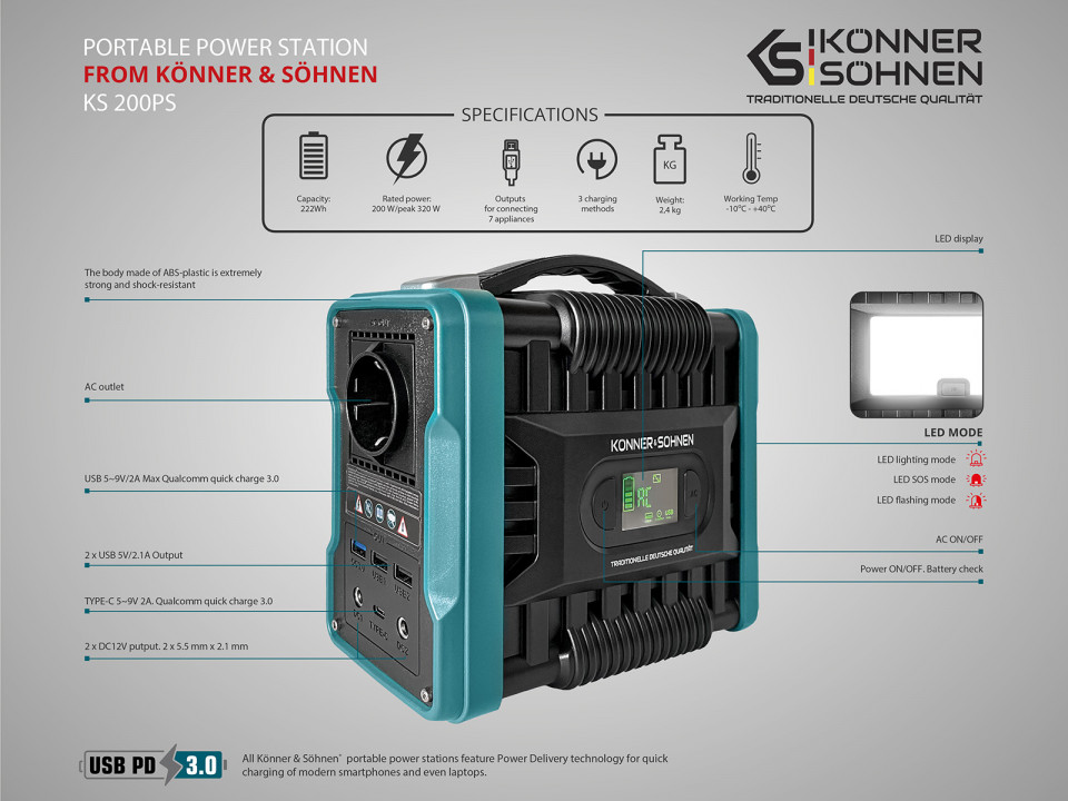 Statie acumulator portabil pentru incarcare electrica, UPS, PowerBank - 222Wh, 200W - KS-200PS