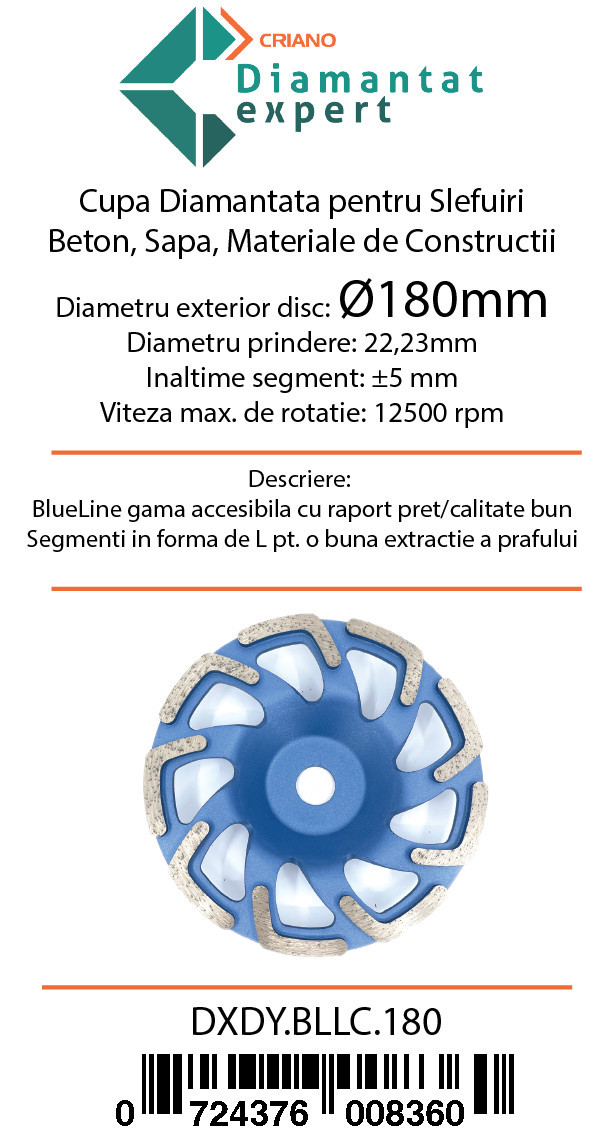 Disc cupa diamantata forma L pentru slefuire Beton/Abrazive 180X22,2mm Standard Profesional - BlueLine - DXDY.BLLC.180