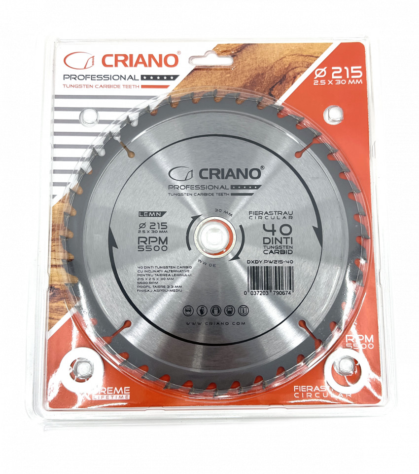 Disc Premium TCT – panza de fierastrau circular pentru taiat lemn, 215×30/25,4/20 cu 40 dinti din carbura de tungsten (vidia) – DXDY.PW215-40 215x30/254/20