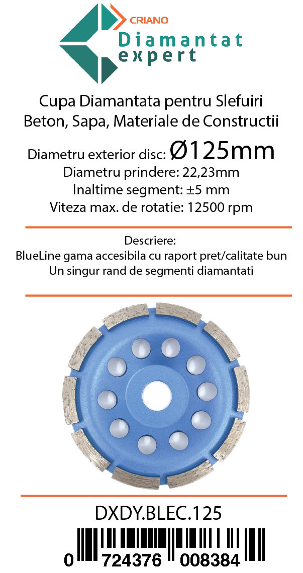 Disc cupa diamantata pentru slefuire Beton/Abrazive 125x22,2mm Standard Profesional - BlueLine - DXDY.BLEC.125