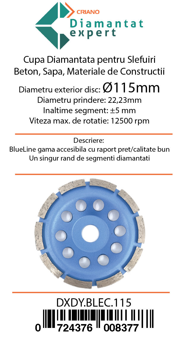 Disc cupa diamantata pentru slefuire Beton/Abrazive 115x22,2mm Standard Profesional - BlueLine - DXDY.BLEC.115