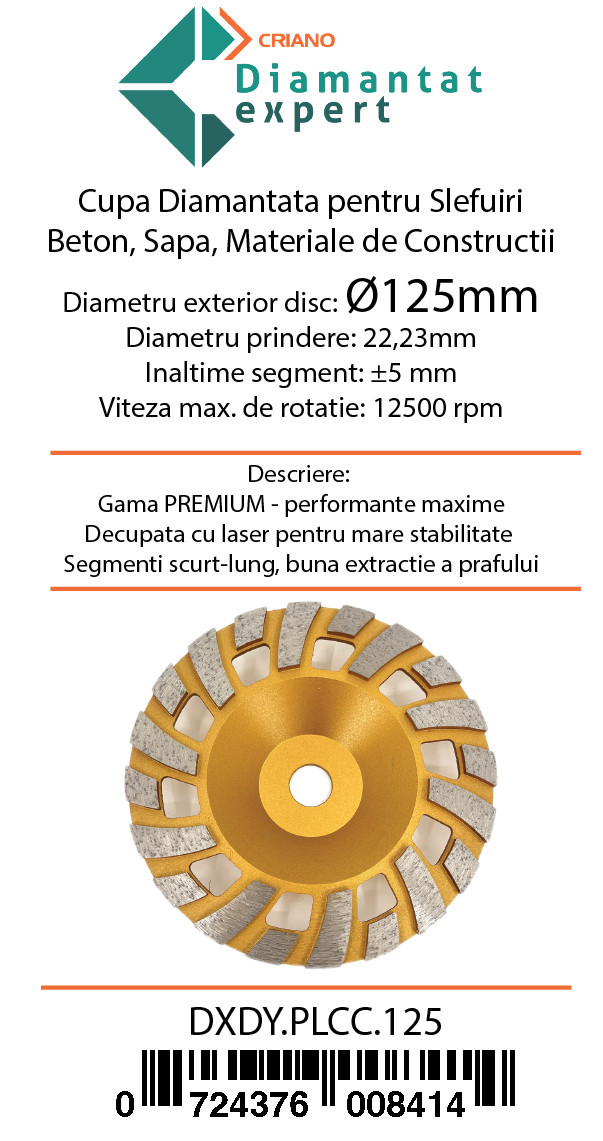 Disc cupa diamantata cu dinti alternativi pentru slefuire rapida de Beton si Abrazive 125mmx22,2mm PREMIUM - DXDY.PLCC.125