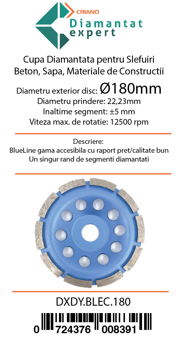 Disc cupa diamantata pentru slefuire Beton/Abrazive 180x22,2mm Standard Profesional - BlueLine - DXDY.BLEC.180