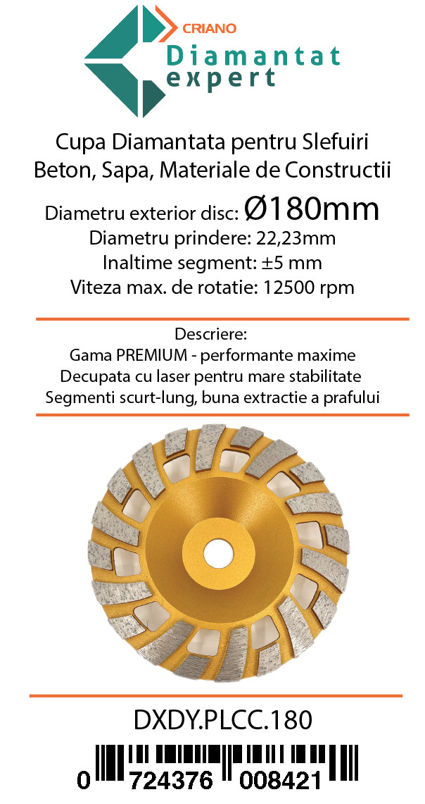 Disc cupa diamantata cu dinti alternativi pentru slefuire rapida de Beton si Abrazive 180mmx22,2mm PREMIUM - DXDY.PLCC.180