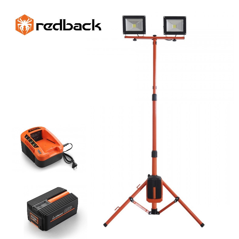 Redback Pachet ED40+EP40+EC20 Stand proiectoare LED, 2x20W, acumulator 40V/4Ah, incarcator 40V/2A 2x20W