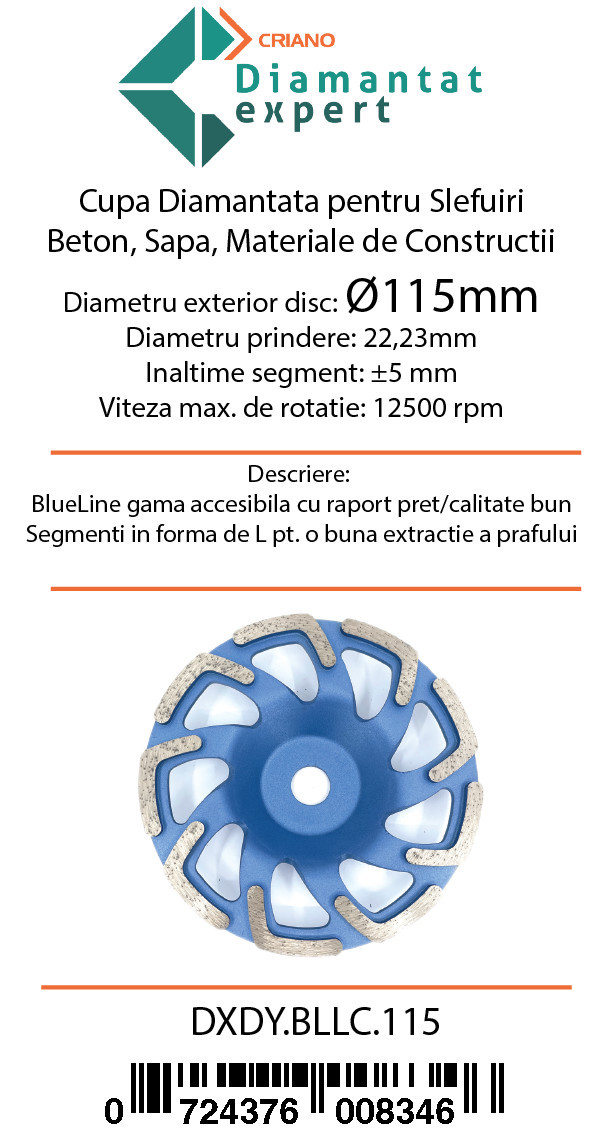 Disc cupa diamantata forma L pentru slefuire Beton/Abrazive 115x22,2mm Standard Profesional - BlueLine - DXDY.BLLC.115