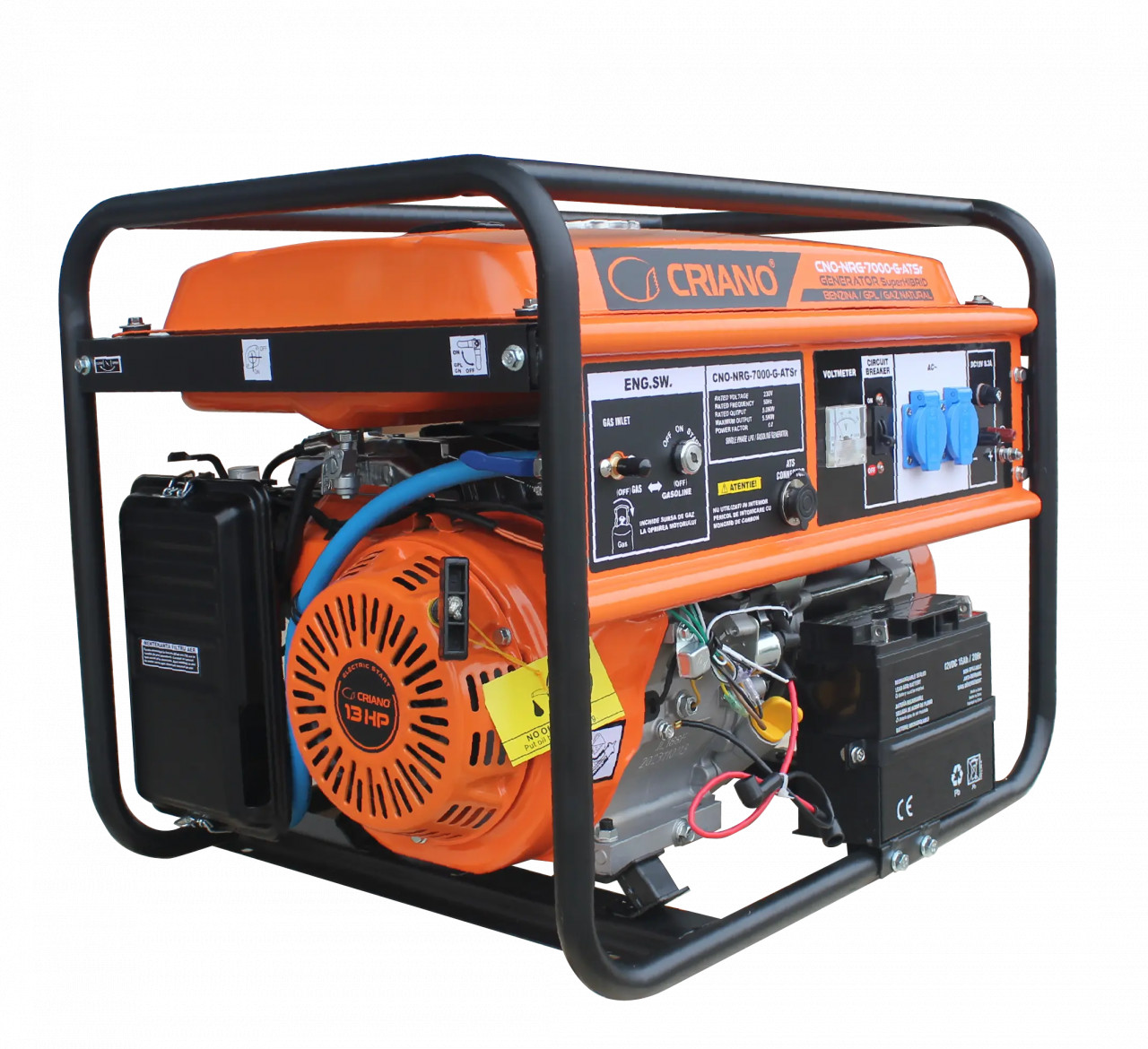 Generator de curent 5.5 kW SuperHIBRID (GPL + Gaz Natural + Benzina) cu posibilitate de Automatizare - CRIANO - CNO-NRG-7000-G-ATSr