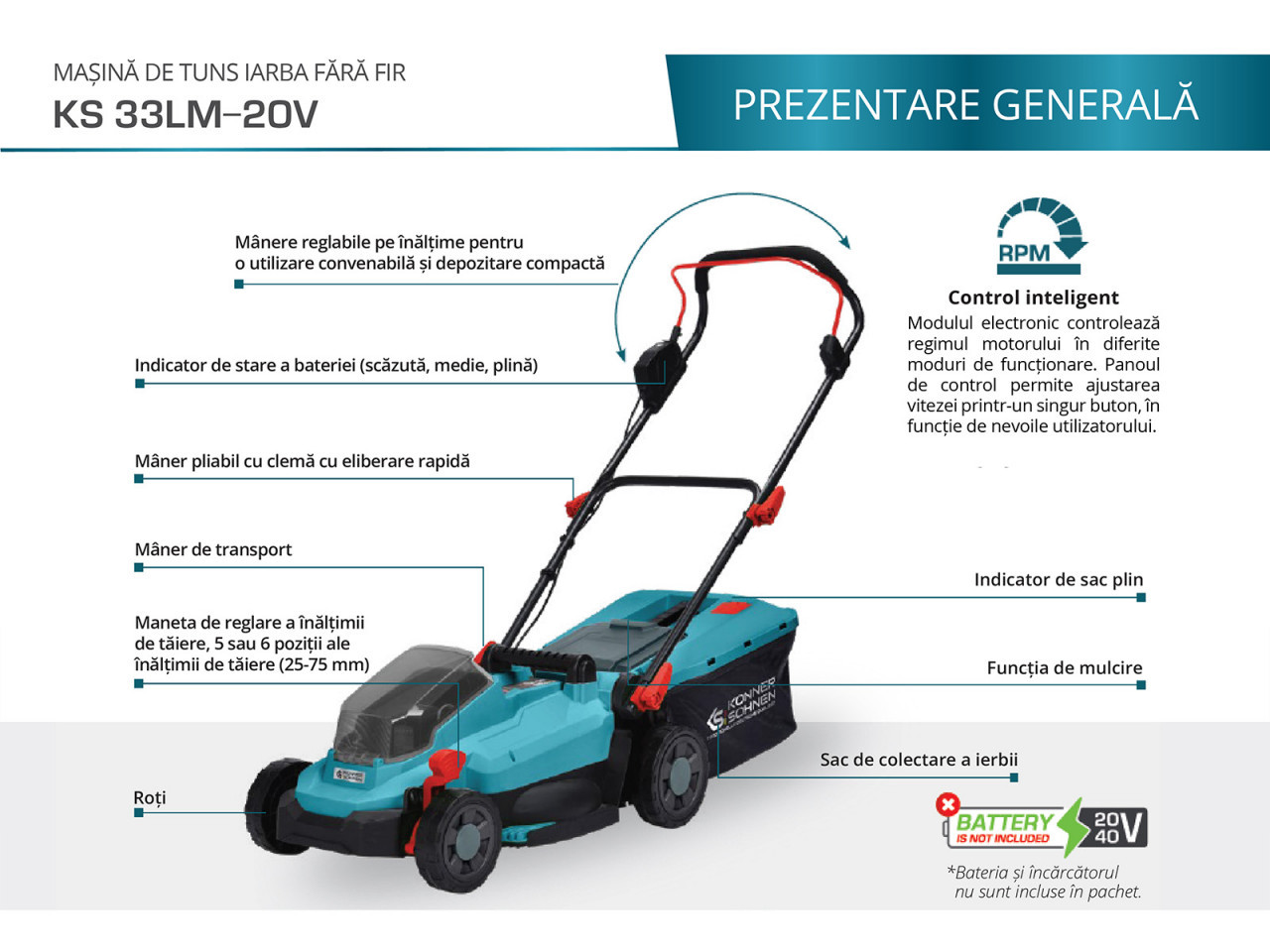 Mașină de tuns iarba fără fir - 330mm, 30l - Konner & Sohnen - KS 33LM-20V