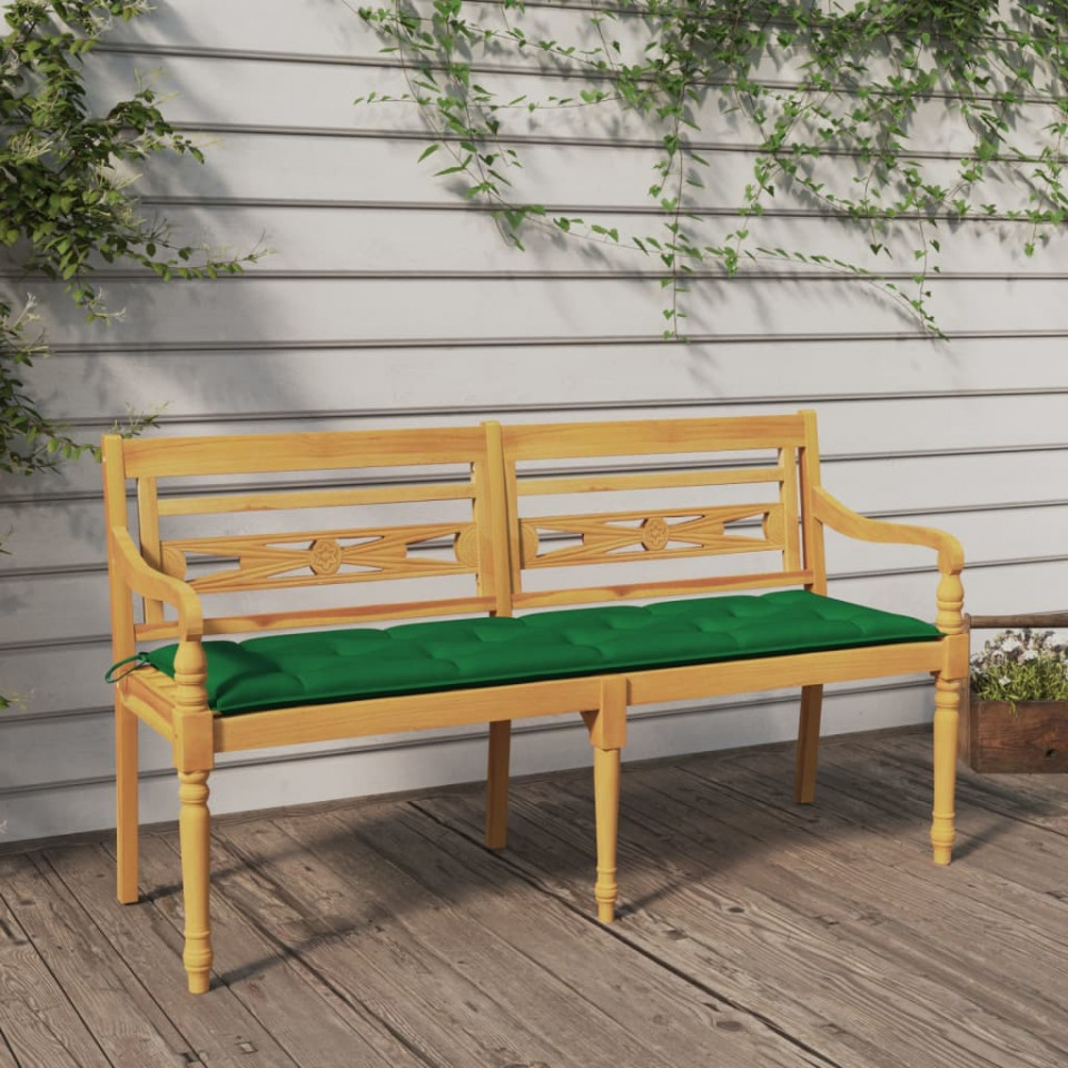 Bancă Batavia cu pernă verde, 150 cm, lemn masiv de tec