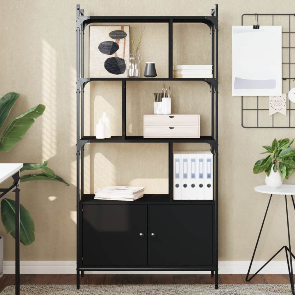 Bibliotecă cu uși, negru, 76,5x30x154,5 cm, lemn compozit