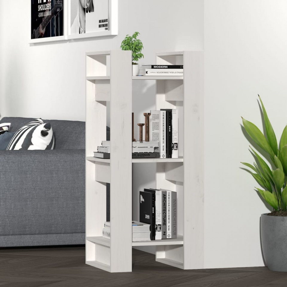 Bibliotecă/separator cameră, alb, 41x35x91 cm, lemn masiv pin
