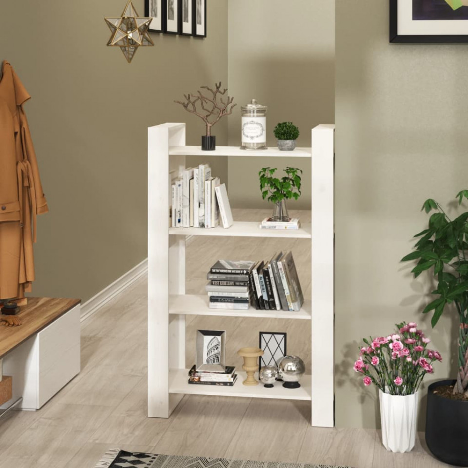 Bibliotecă/separator cameră, alb, 80x35x125 cm, lemn masiv pin