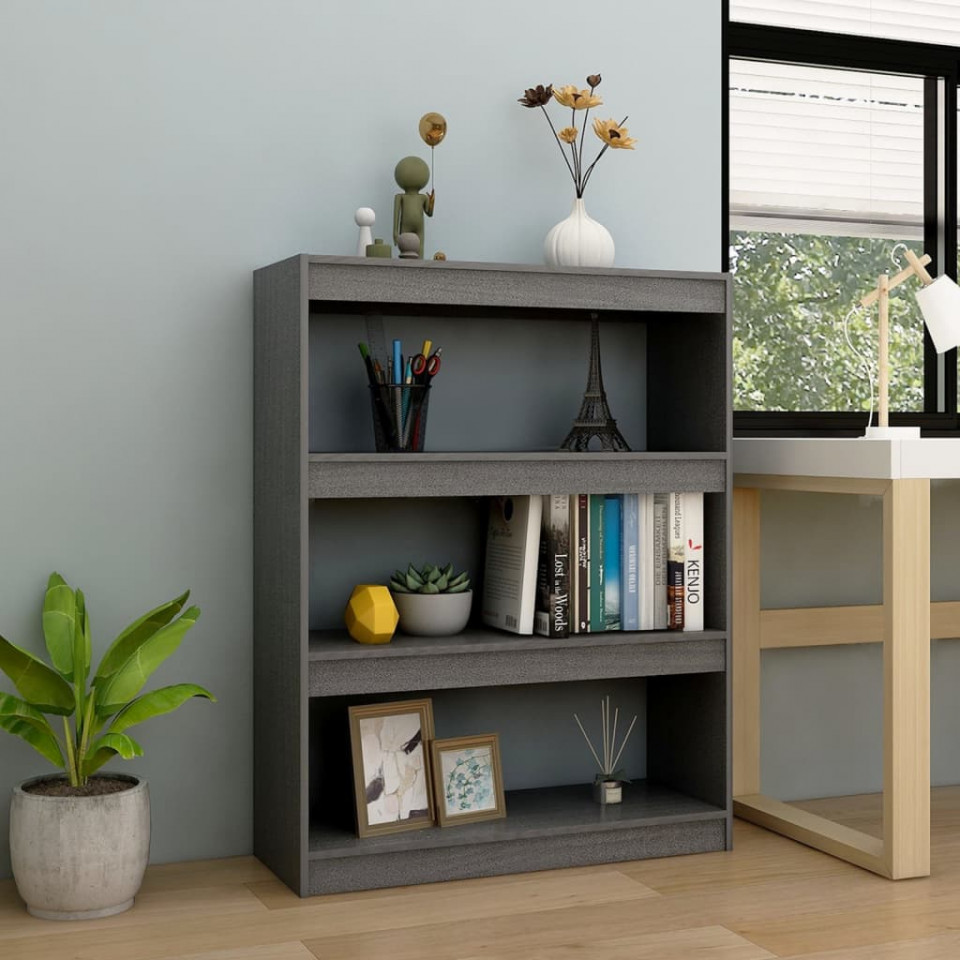 Bibliotecă/separator cameră, gri, 100x30x103 cm, lemn masiv pin