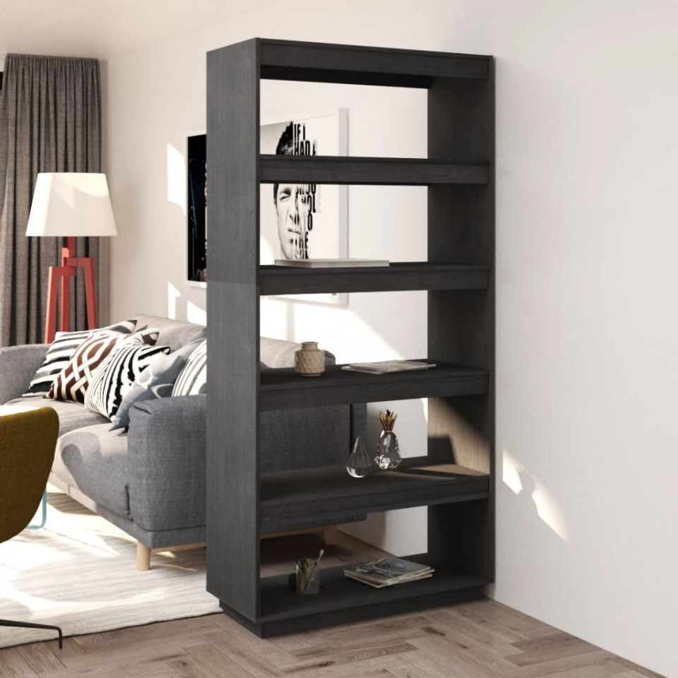 Bibliotecă/Separator cameră, gri, 80x35x167 cm, lemn masiv pin
