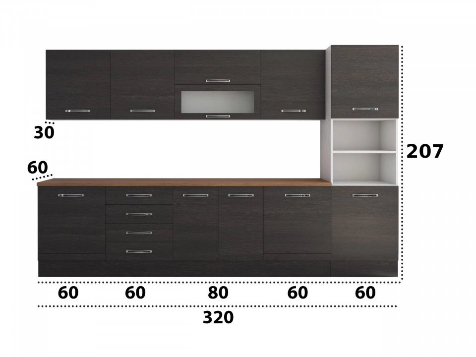 Bucatarie Alfa 320, wenge, blat termic nuc, corp pentru cuptor incorporabil