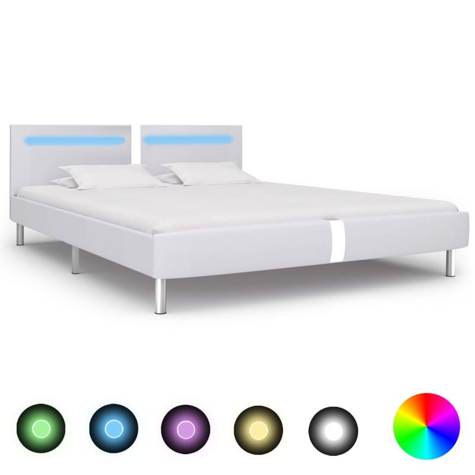 Cadru de pat cu LED, alb, 180 x 200 cm, piele artificială