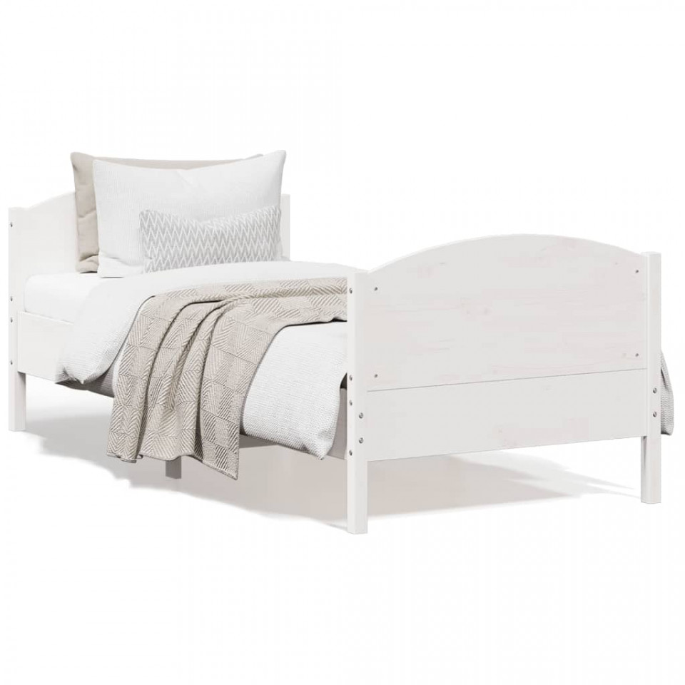 Cadru de pat cu tăblie, alb, 100x200 cm, lemn masiv pin