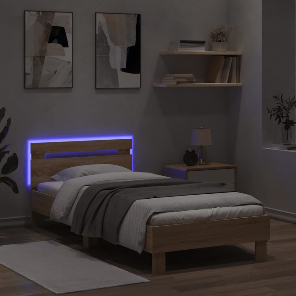 Cadru de pat cu tăblie și LED, stejar sonoma, 90x200 cm