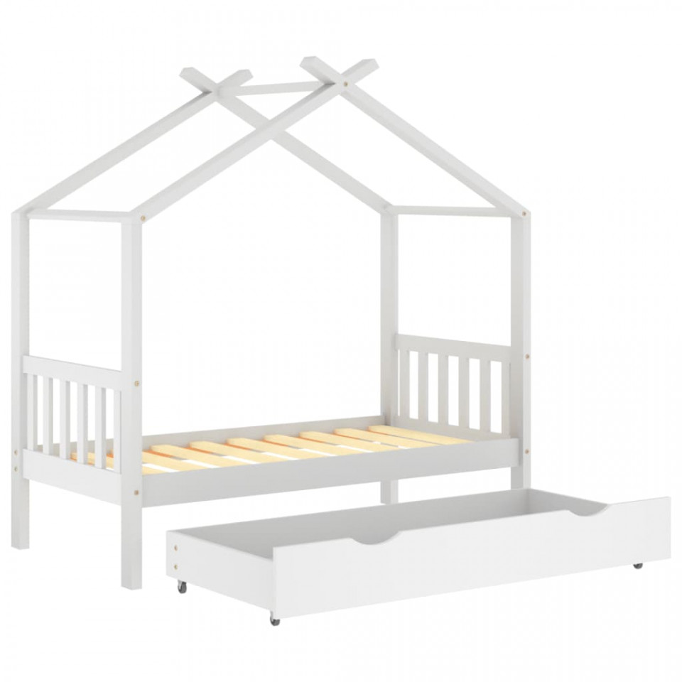 Cadru pat de copii cu un sertar, alb, 80x160 cm, lemn masiv pin