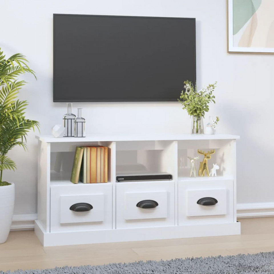 Poza Comoda TV, alb extralucios, 100x35x50 cm, lemn prelucrat