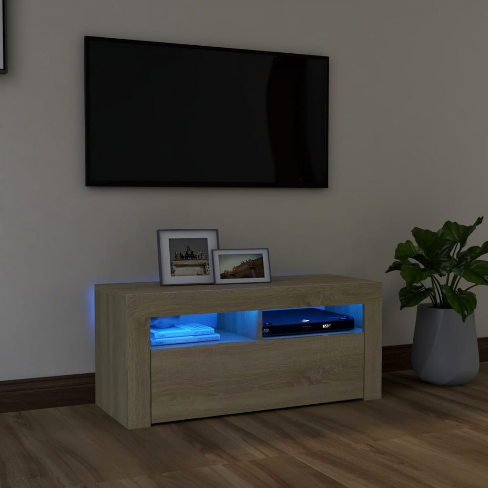 Poza Comoda TV cu lumini LED, stejar Sonoma, 90x35x40 cm