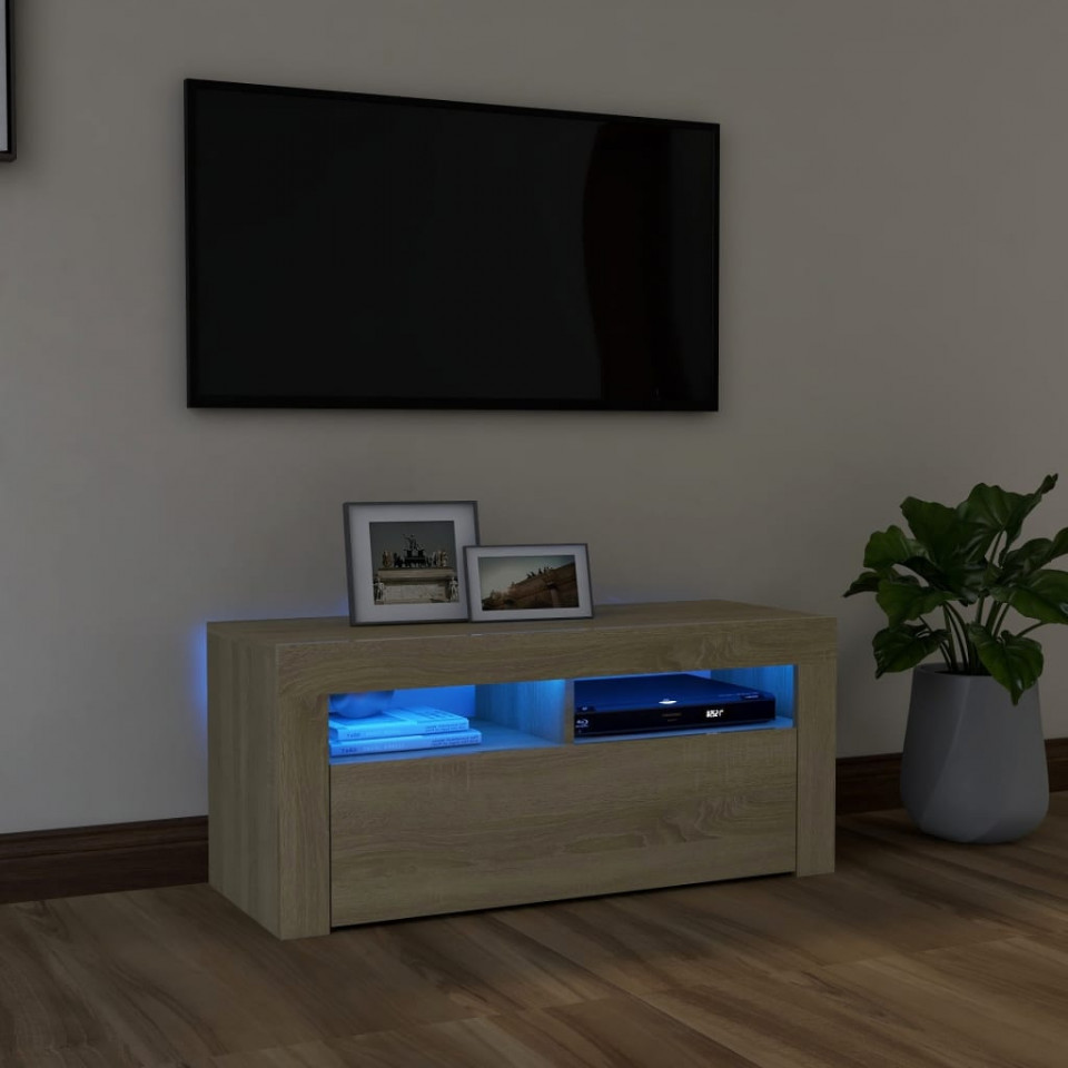 Comodă TV cu lumini LED, stejar Sonoma, 90x35x40 cm