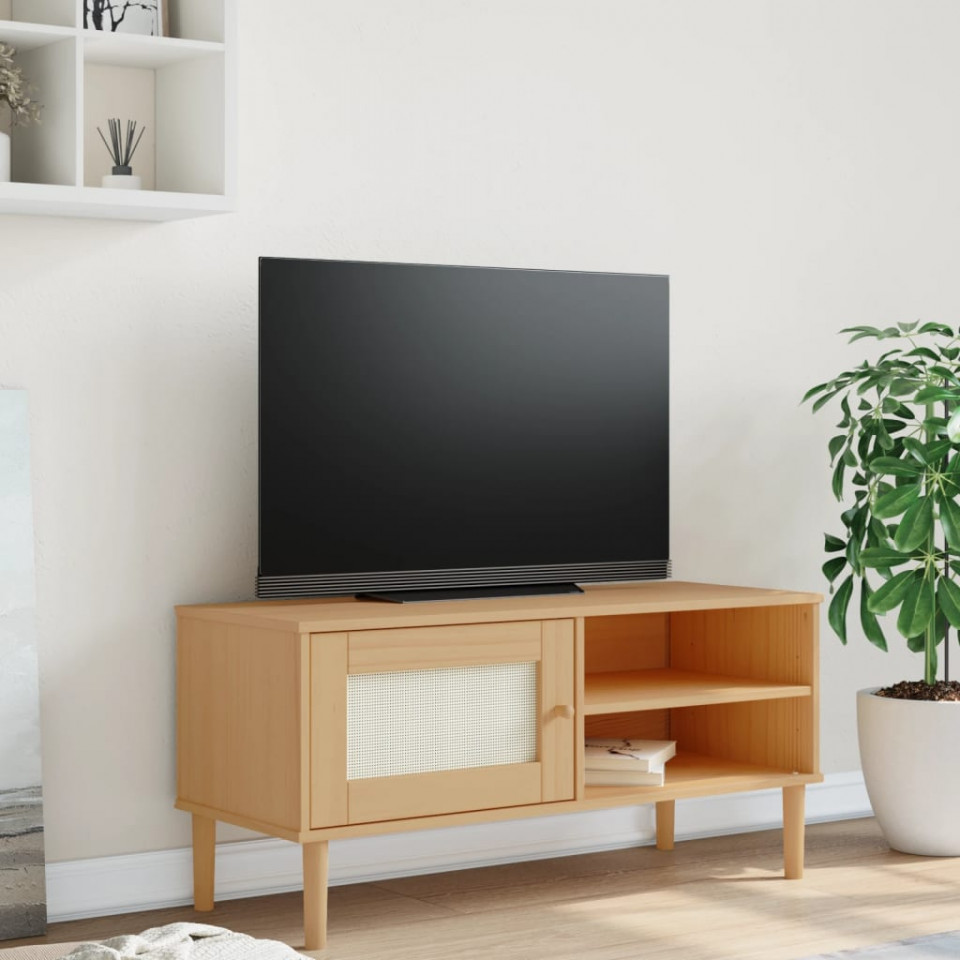 Comodă TV SENJA aspect ratan maro, 106x40x49 cm, lemn masiv pin