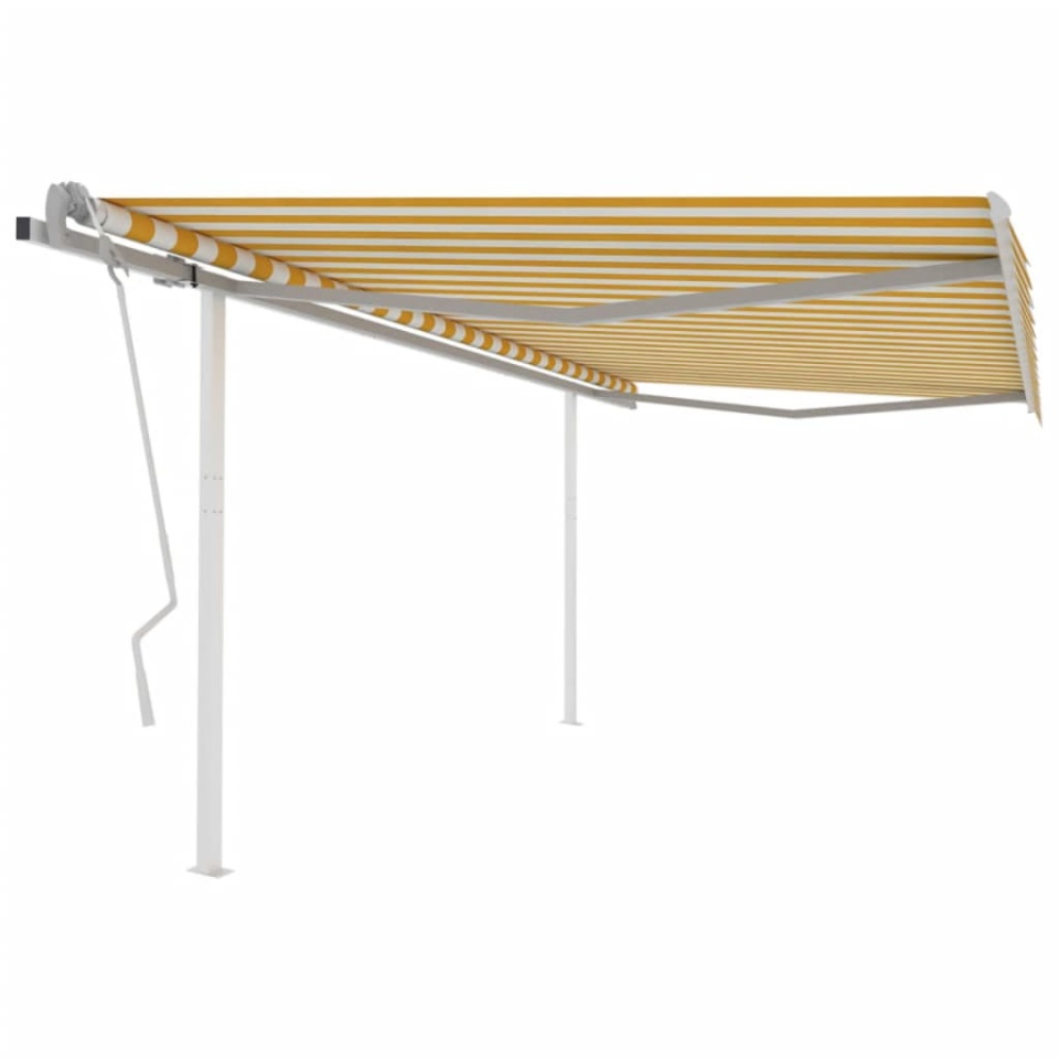 Copertină retractabilă manual, cu stâlpi, galben și alb, 4x3 m