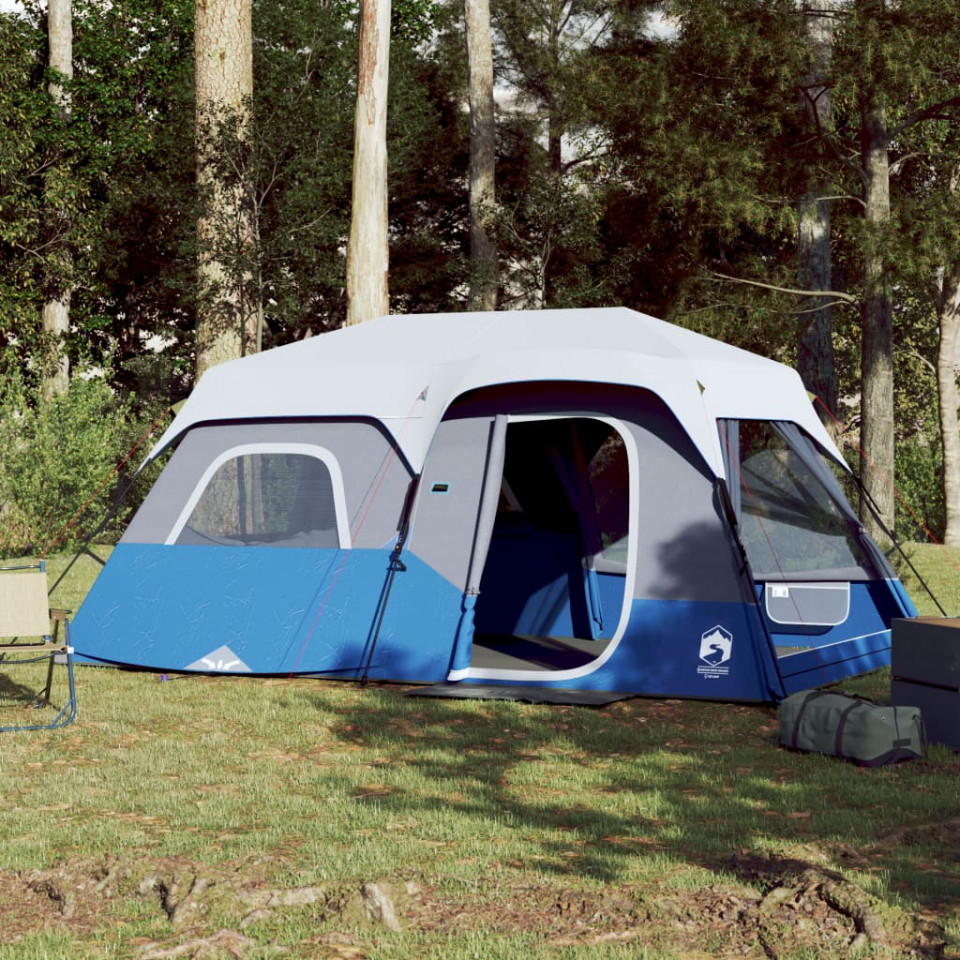 Cort camping cu lumină LED pentru 9 persoane, albastru deschis