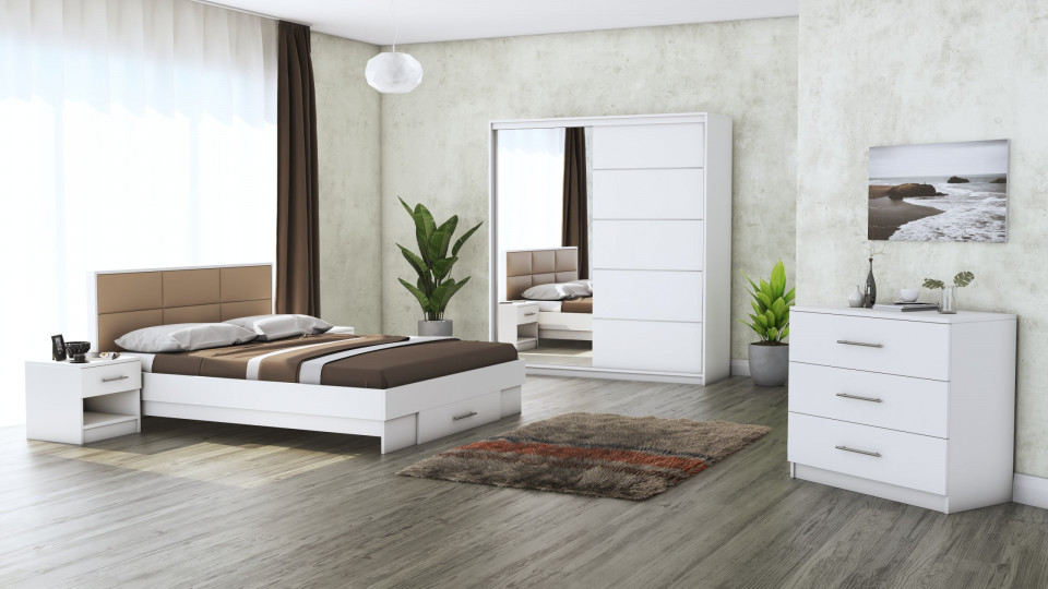 Dormitor Solano, alb, dulap 183 cm, pat cu tablie tapitata camel 140x200 cm, 2 noptiere, comoda