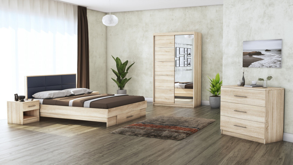 Dormitor Solano, sonoma, dulap 120 cm, pat cu tablie tapitata gri 140×200 cm, 2 noptiere, comoda