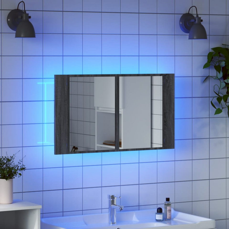 Dulap de baie cu oglindă și LED, gri sonoma, 80x12x45 cm, acril