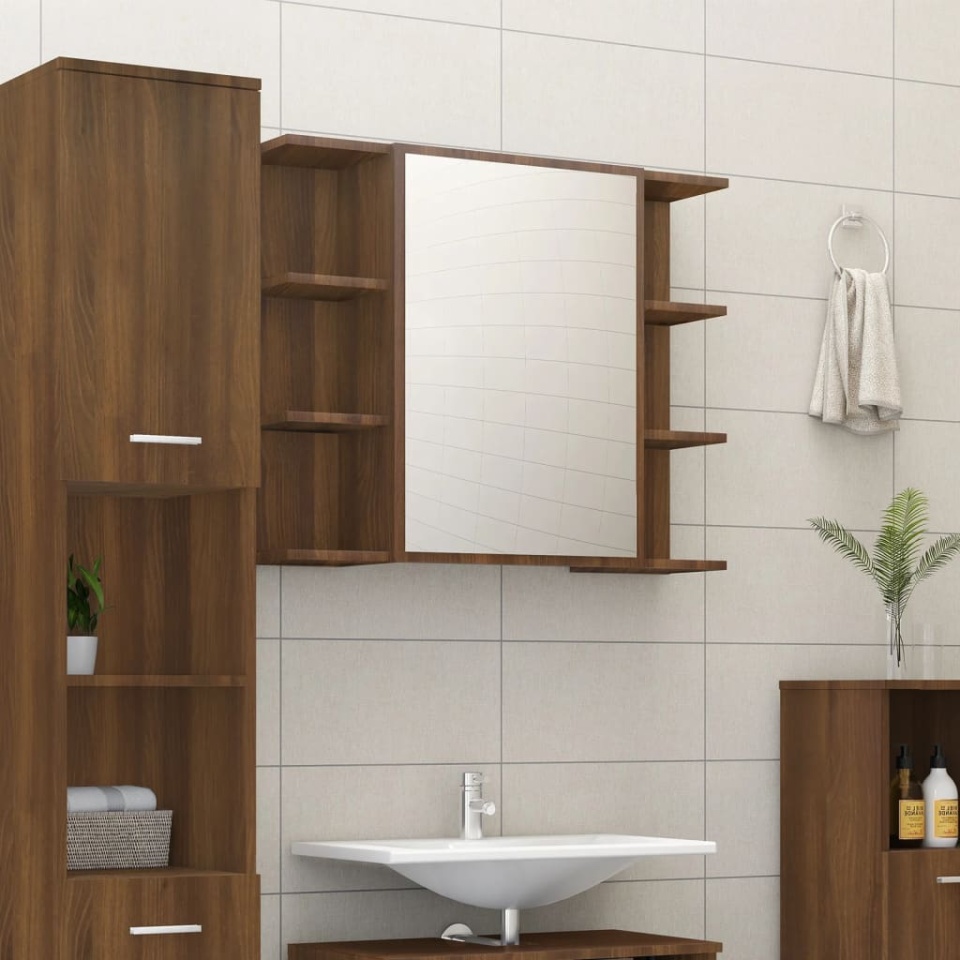 Dulap de baie cu oglindă stejar maro 80x20,5x64cm lemn compozit