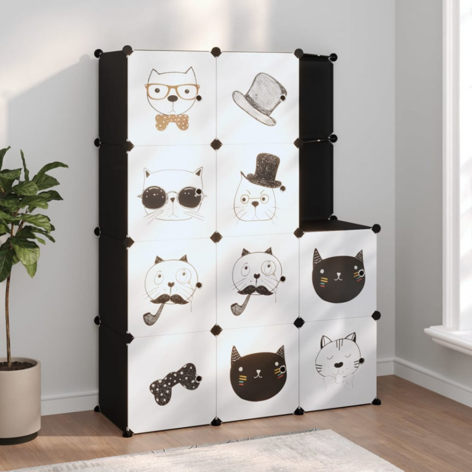 Dulap de depozitare cub pentru copii, 10 cuburi, negru, pp