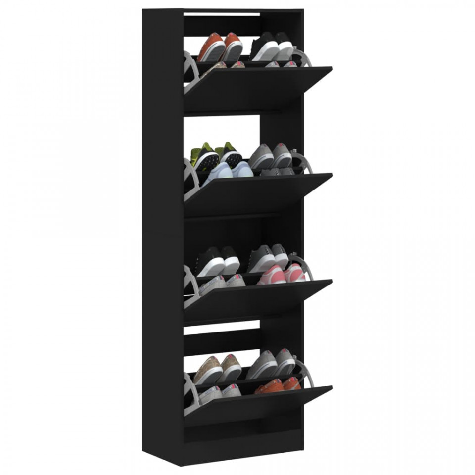 Dulap de pantofi cu 4 sertare rabatabile, negru, 60x34x187,5 cm