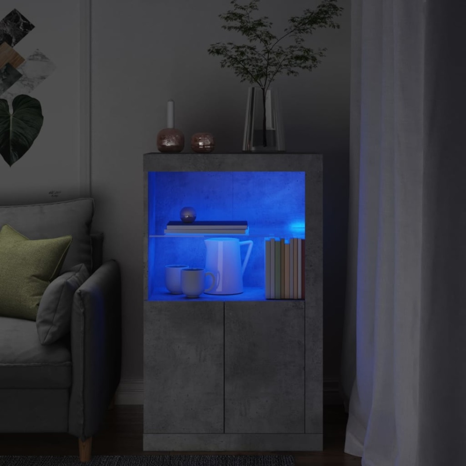 Dulap lateral cu lumini LED, gri beton, lemn prelucrat