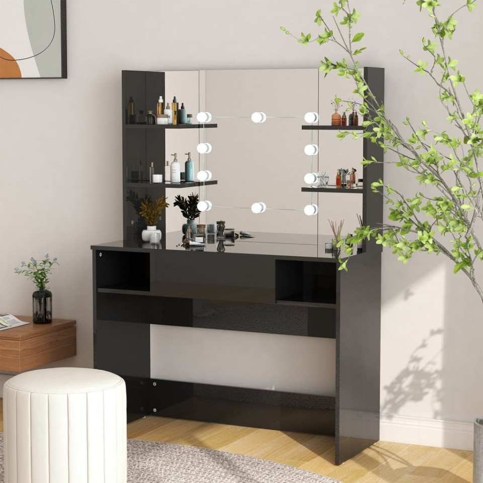Masă de machiaj cu lumini LED, negru lucios, 100x40x135 cm, MDF