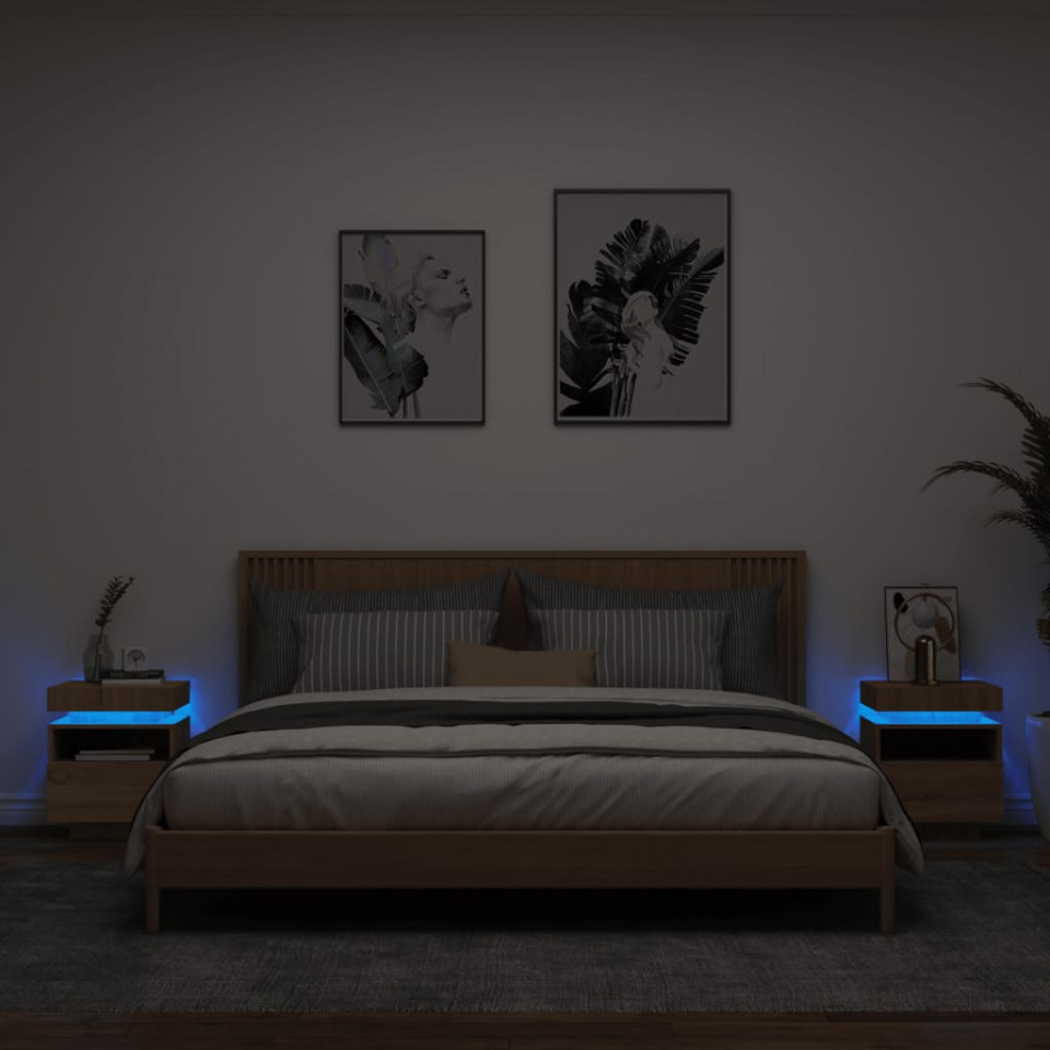 Noptiere cu lumini LED, 2 buc., stejar sonoma, 40x39x48,5 cm