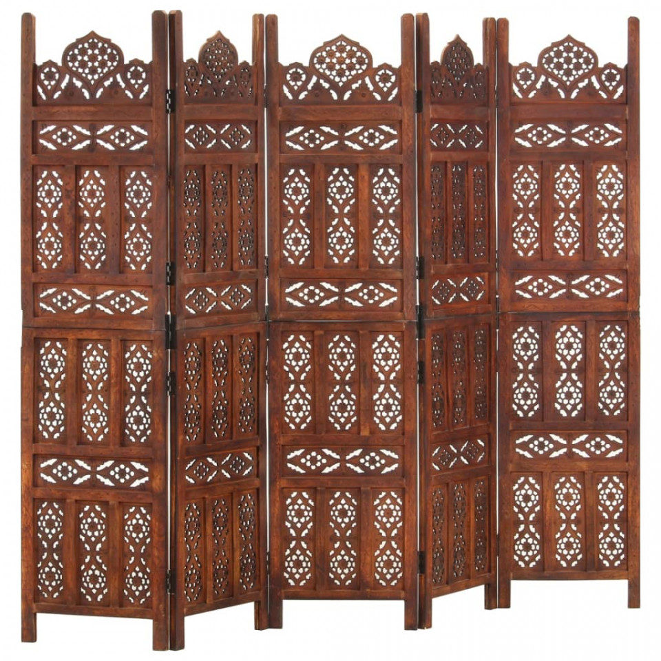 Paravan cameră sculptat manual 5 panouri maro 200x165 cm mango